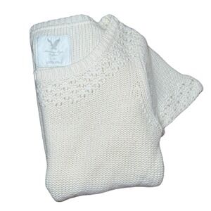 American‎ Eagle Women Short Sleeve Knit Sweater Tunic Ivory Y2K Layering Wool